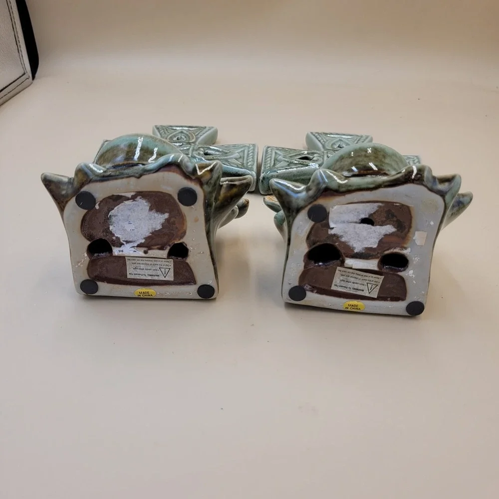 Celtic Cross Ceramic Candle Holder‎ Set of 2 Blue Green Glaze with Birds Decor